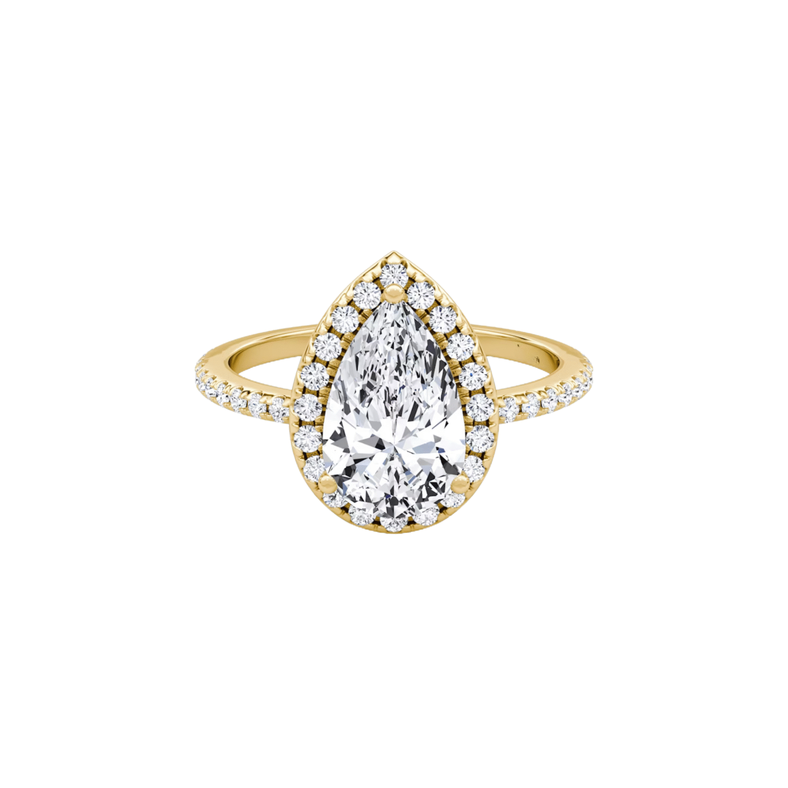 The Giulia Ring | 2 carats Pear Shape | Halo & pavé 1.5 mm | Yellow Gold