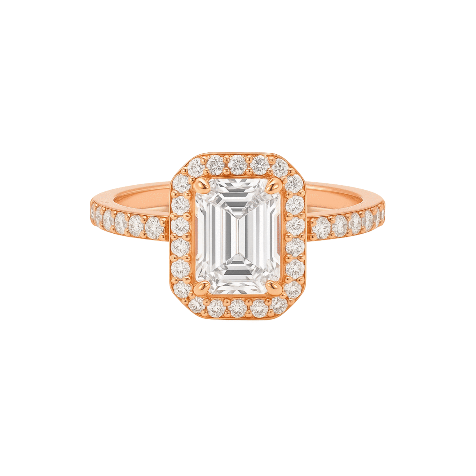 Medici Margaux Emerald Cut Halo Ring with Pavé Band